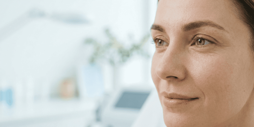 A friendly woman in a medical office looks directly at the camera, dressed in a white coat with medical equipment nearby.