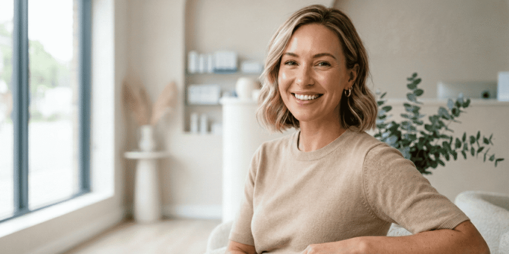 A woman with a cheerful expression sitting on a couch, creating a welcoming and friendly atmosphere.