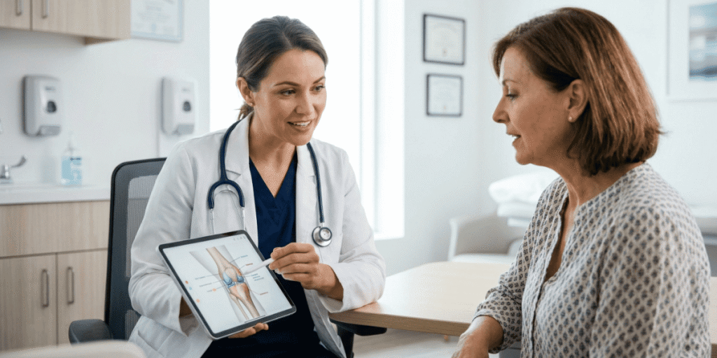 A woman engages in a conversation with a doctor, using a tablet for reference in a clinical setting.