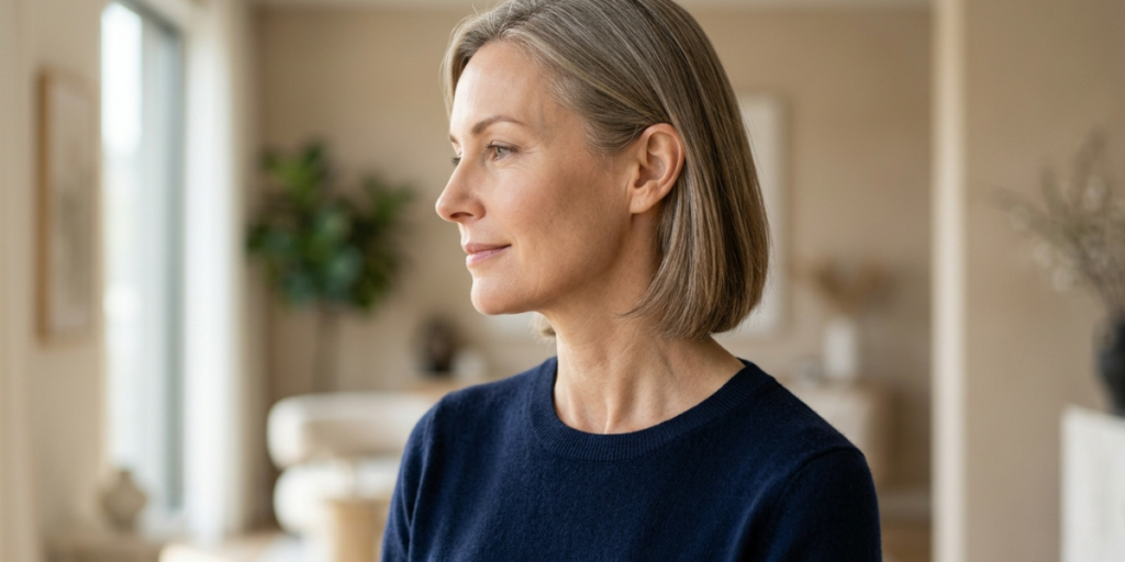 In her living room, a woman looks out the window, lost in thought as sunlight filters through the glass.