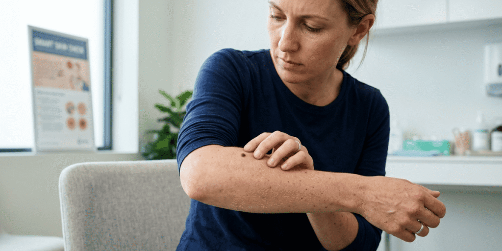A woman looks concerned while observing a rash on her arm, highlighting areas of redness and discomfort.