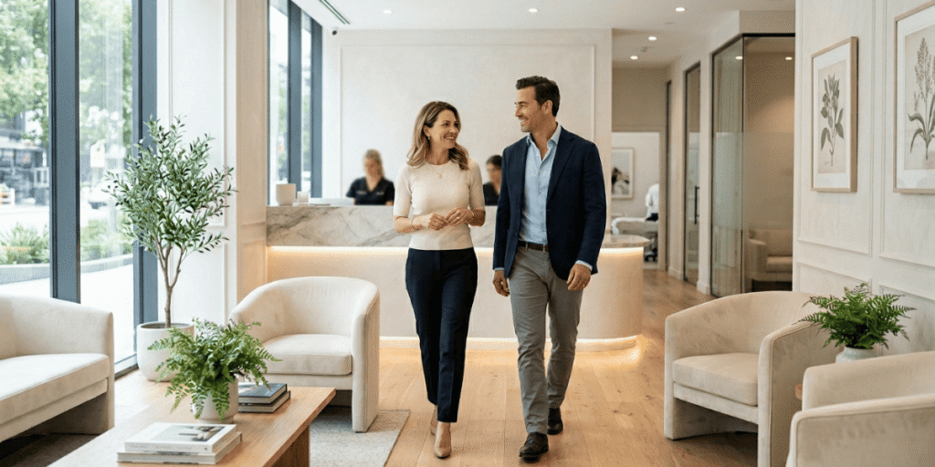 A man and woman walking together in a contemporary office space, surrounded by modern furniture and large windows.