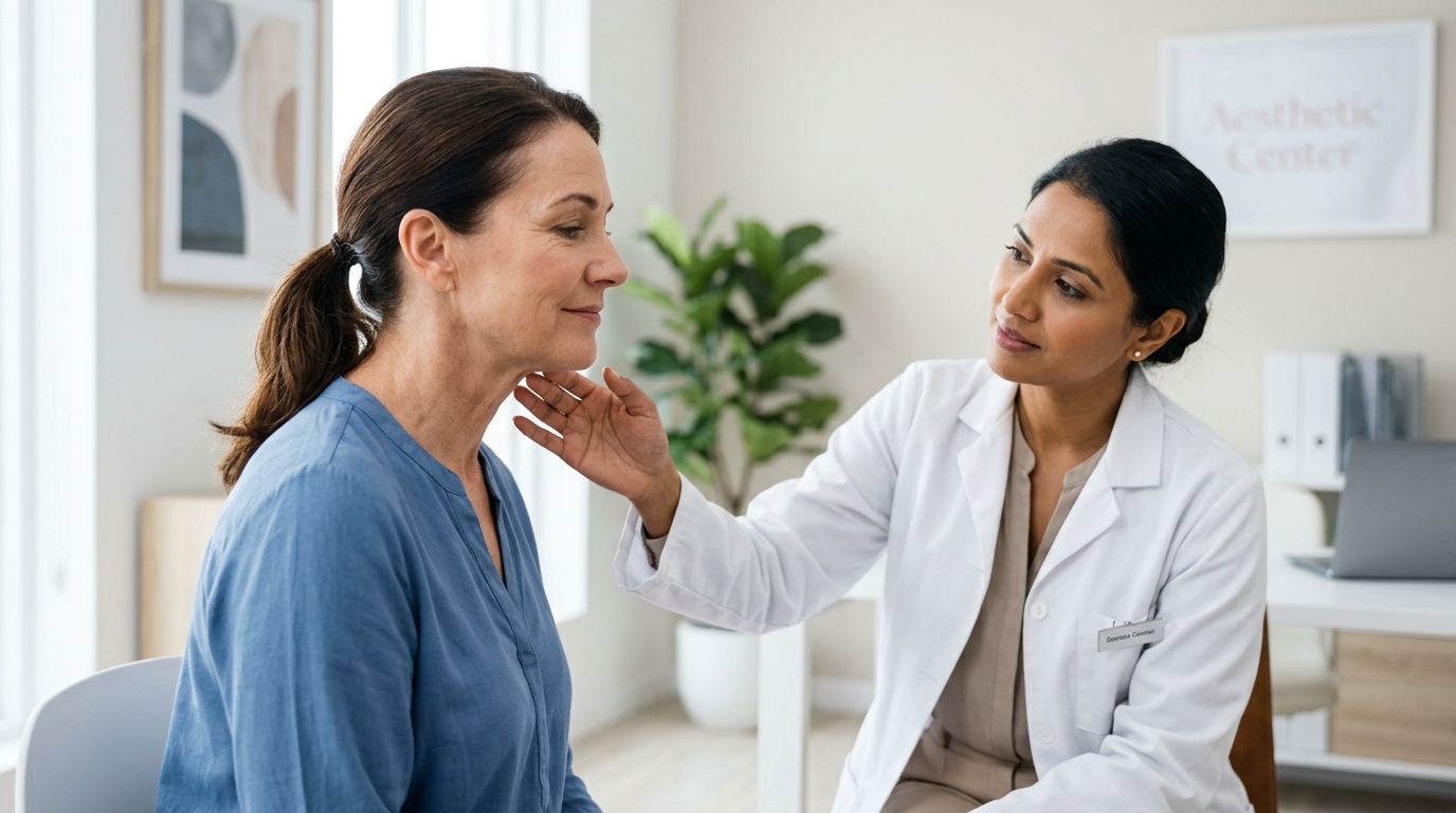 A woman speaks with a doctor, highlighting a patient-doctor interaction in a healthcare environment.