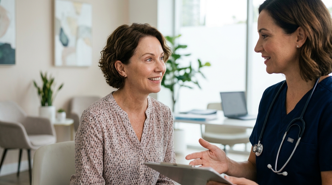 A woman speaks with a physician in a hospital, addressing her medical issues and treatment options.