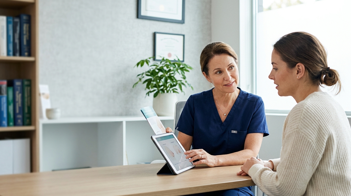 A woman engages in dialogue with a nurse inside an office, likely addressing medical concerns.