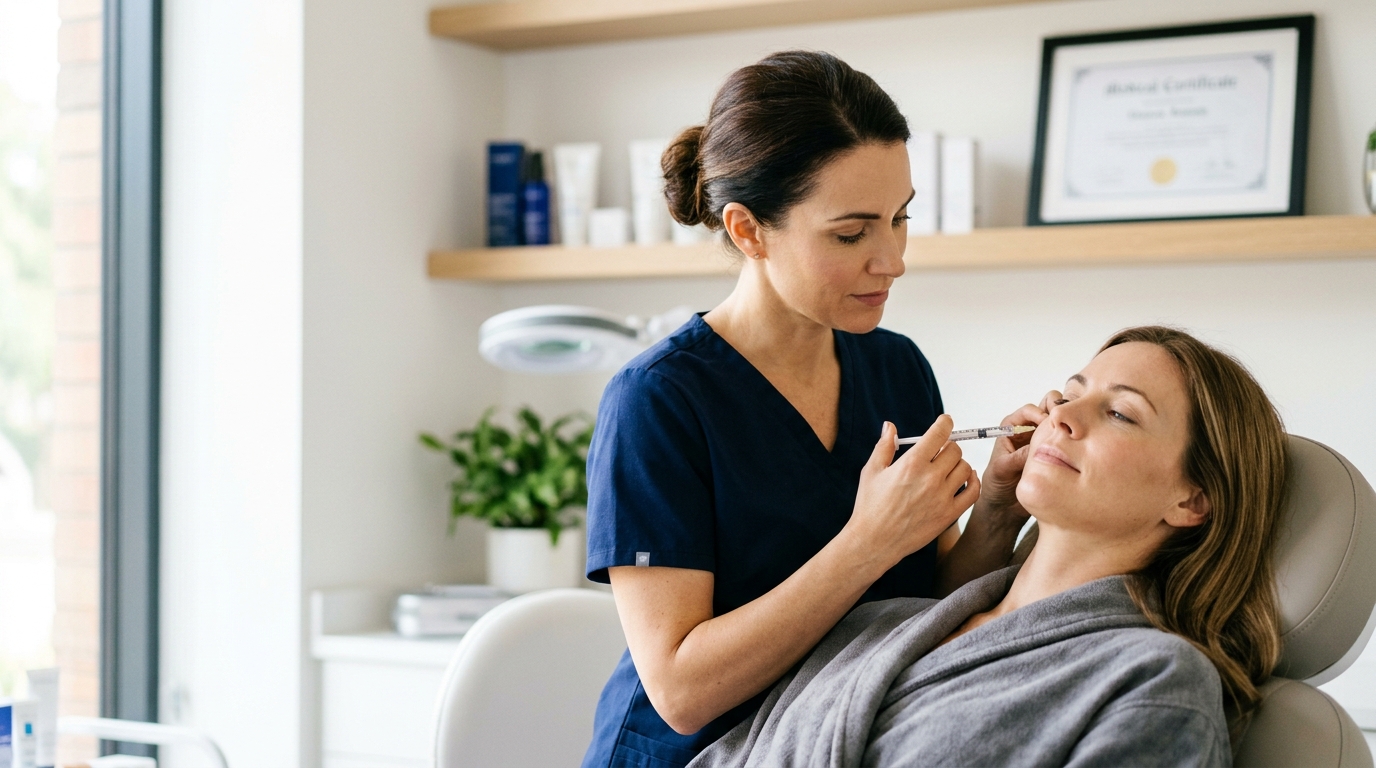 A woman sits in a salon chair as another woman expertly applies her makeup.