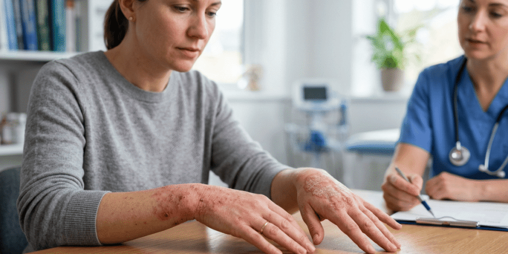 A woman shows her rash-covered hands to a doctor while seated at a table, engaged in a consultation.