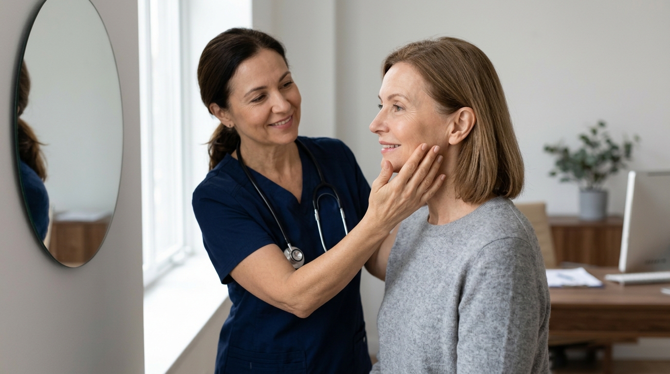 A nurse examines a woman's neck during a medical check-up in a clinical setting.