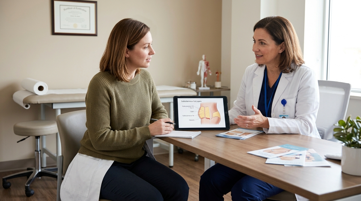 In a medical office, a woman speaks with a doctor, who is reviewing notes and providing guidance on health issues.
