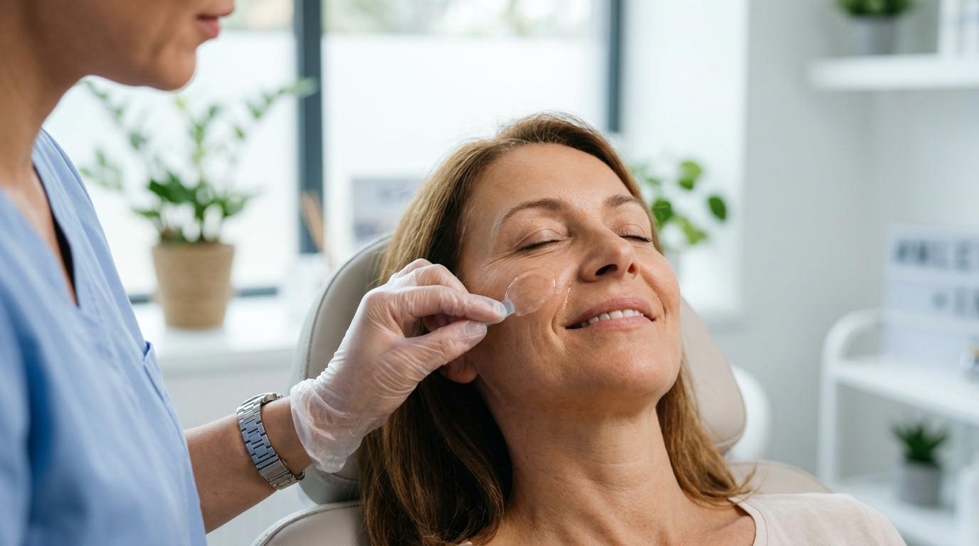 A doctor performing a facial procedure on a woman, highlighting the professional interaction in a medical environment.