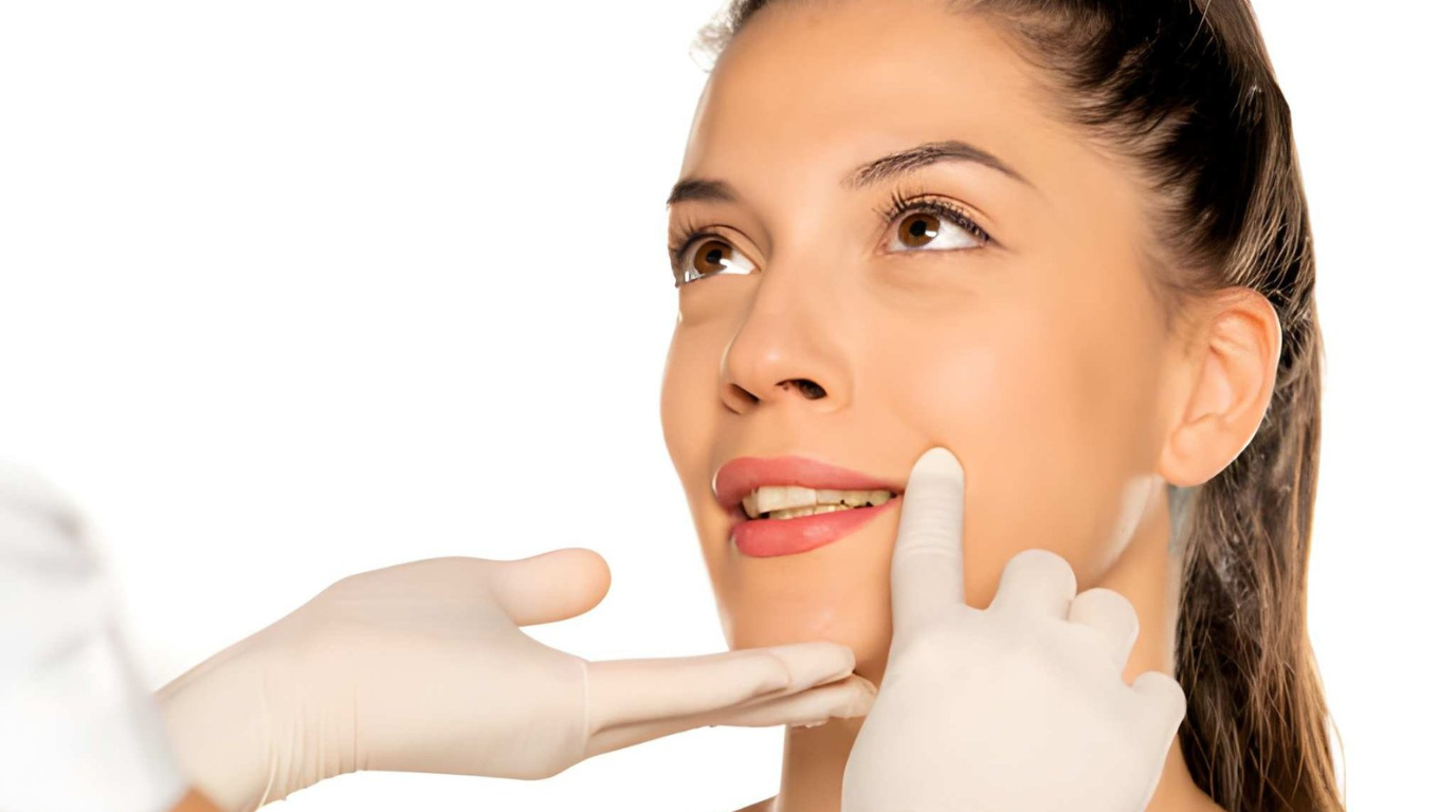 A dentist performs a teeth cleaning on a woman in a dental office, showcasing dental equipment and a bright light.