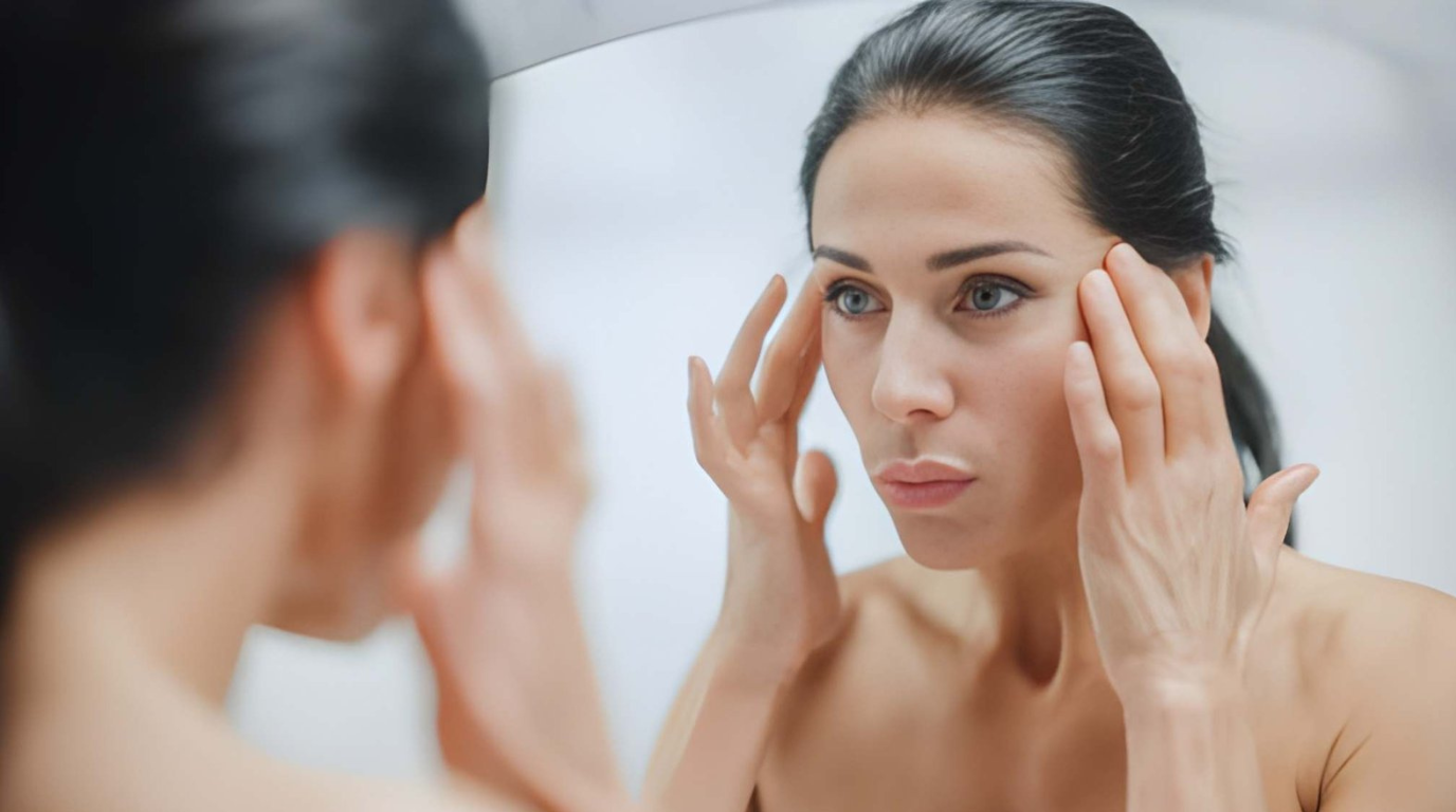 A woman stands before a mirror, observing her face closely, reflecting a moment of self-reflection and contemplation.