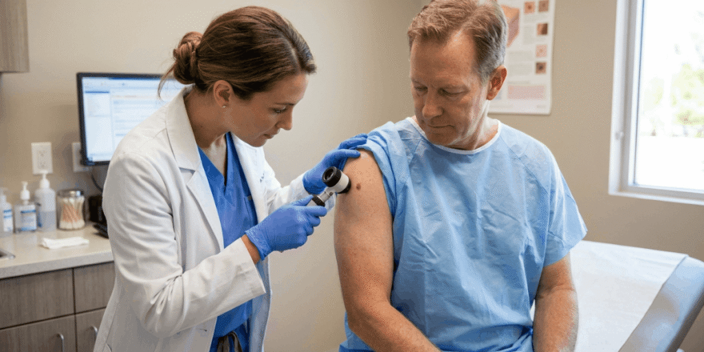 A medical professional inspects a patient's arm, providing a thorough examination in a healthcare environment.