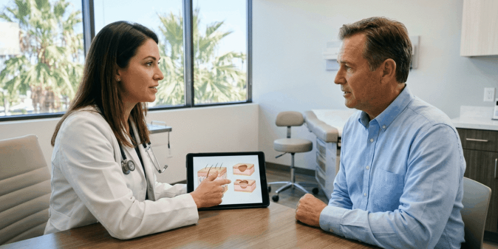 A man and woman sitting together in a doctor's office, discussing health concerns with a medical professional.