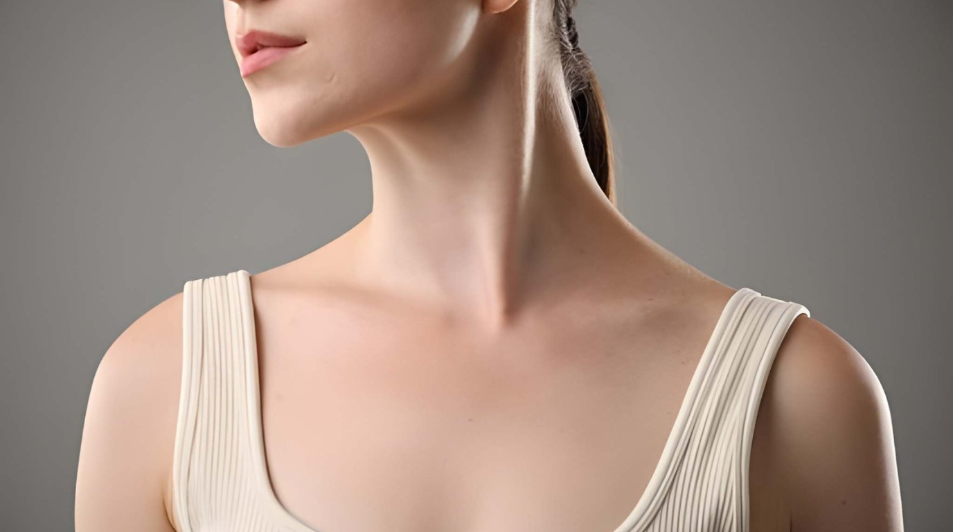 A woman dressed in a white top, showcasing a distinctive neckline design.