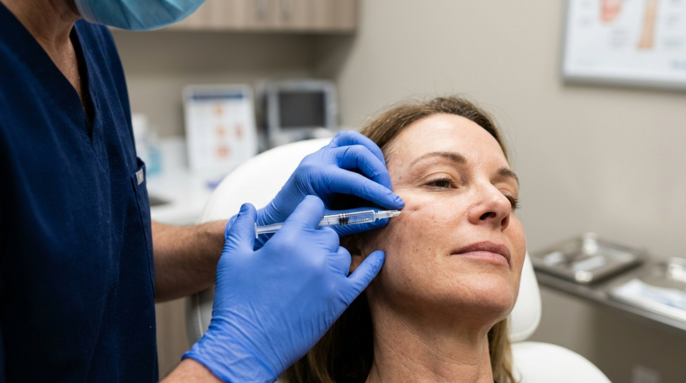 A woman receiving a facial injection, focusing on her expression and the medical professional administering the procedure.