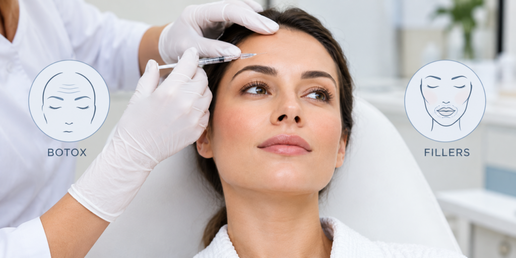 A woman receiving an injection in her face, illustrating a cosmetic procedure related to Botox or fillers.