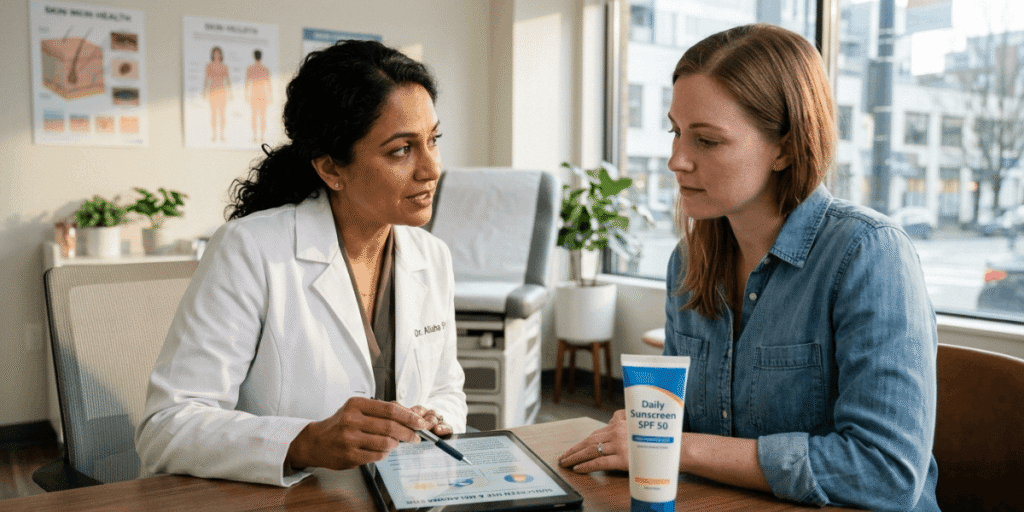 A dermatologist in a white coat engages in conversation with a doctor about sunscreen and melanoma awareness.